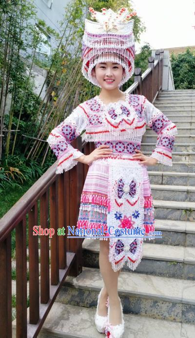 Traditional Chinese Minority Ethnic Folk Dance Short Dress Miao Nationality Stage Performance Costume and Hat for Women