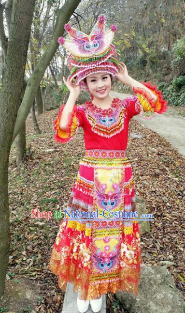 Traditional Chinese Miao Nationality Embroidered Red Dress Minority Ethnic Folk Dance Stage Performance Costume for Women