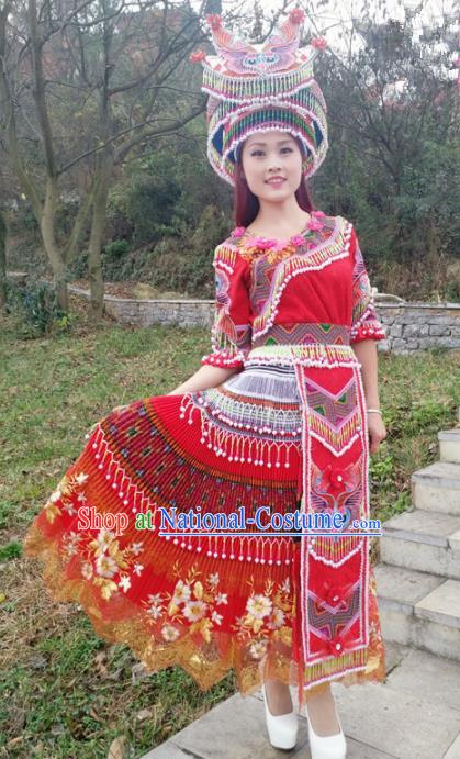 Traditional Chinese Minority Ethnic Folk Dance Red Dress Miao Nationality Stage Performance Costume and Hat for Women