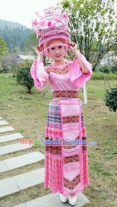 Traditional Chinese Minority Ethnic Folk Dance Pink Dress Miao Nationality Stage Performance Costume and Hat for Women