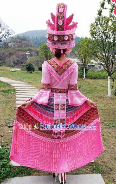 Traditional Chinese Minority Ethnic Folk Dance Pink Dress Miao Nationality Stage Performance Costume and Hat for Women