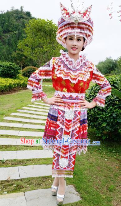 Traditional Chinese Minority Ethnic Folk Dance Red Short Dress Miao Nationality Stage Performance Costume and Hat for Women