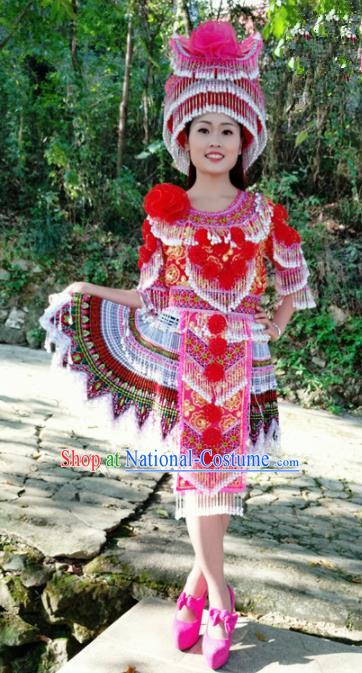 Traditional Chinese Minority Ethnic Folk Dance Pleated Skirt Miao Nationality Stage Performance Costume and Hat for Women