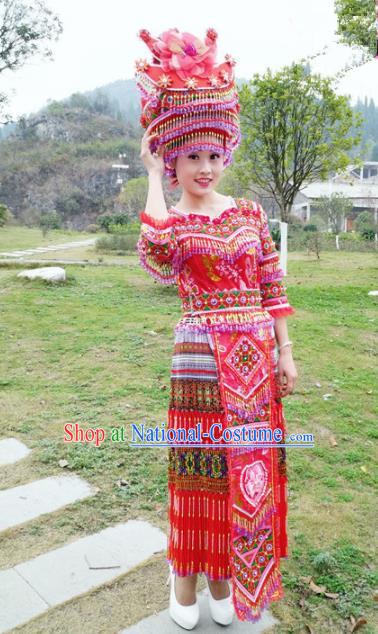 Traditional Chinese Miao Nationality Bride Embroidered Red Dress Minority Ethnic Folk Dance Stage Performance Costume for Women