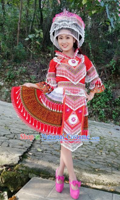 Traditional Chinese Miao Nationality Female Embroidered Red Short Dress Minority Ethnic Folk Dance Stage Performance Costume for Women