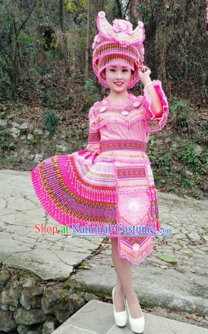 Traditional Chinese Miao Nationality Female Embroidered Pink Short Dress Minority Ethnic Folk Dance Stage Performance Costume for Women