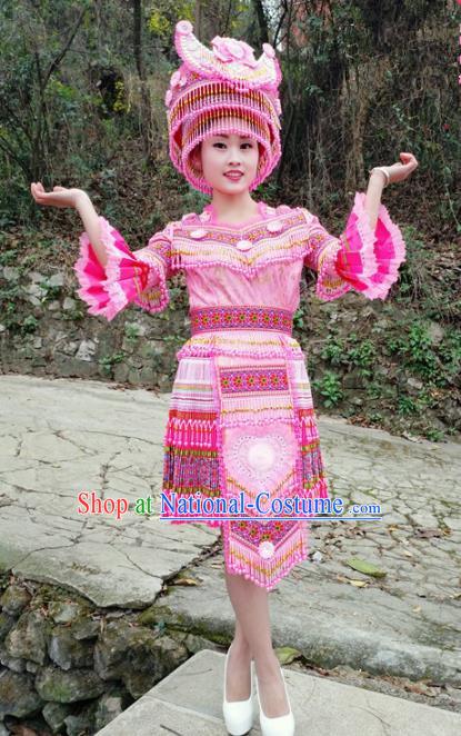 Traditional Chinese Miao Nationality Female Embroidered Pink Short Dress Minority Ethnic Folk Dance Stage Performance Costume for Women