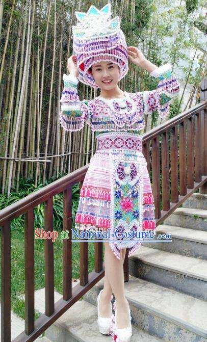 Traditional Chinese Miao Nationality Female Short Dress Minority Ethnic Folk Dance Stage Performance Costume and Hat for Women