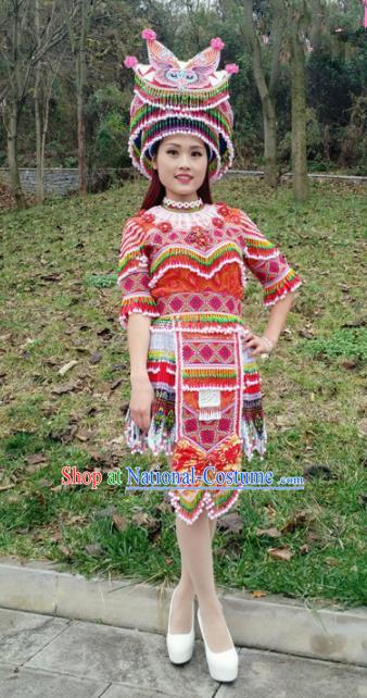 Traditional Chinese Miao Nationality Female Red Costume Minority Ethnic Folk Dance Stage Performance Short Dress and Hat for Women