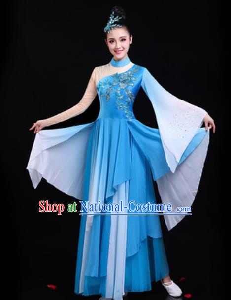 Traditional Chinese Classical Dance Group Dance Blue Dress Umbrella Dance Stage Performance Costume for Women