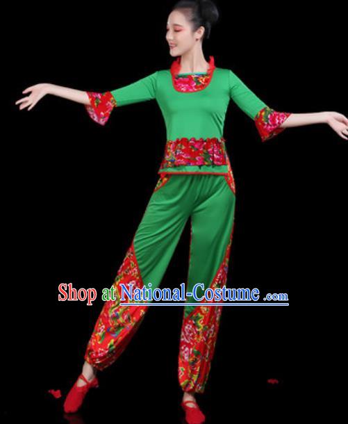 Traditional Chinese Yangko Group Dance Folk Dance Green Clothing Fan Dance Stage Performance Costume for Women