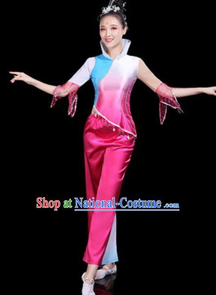 Traditional Chinese Yangko Group Dance Folk Dance Rosy Clothing Fan Dance Stage Performance Costume for Women