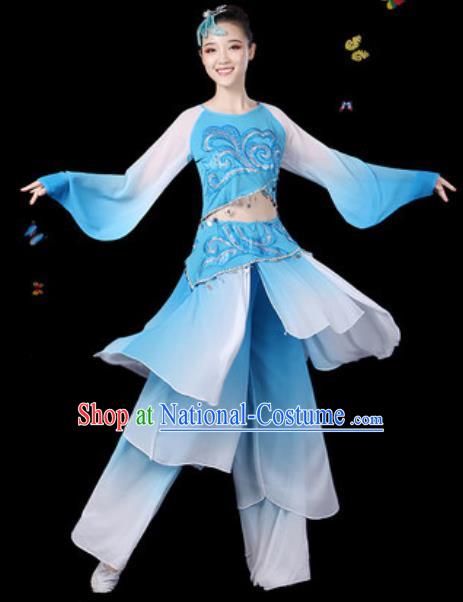 Traditional Chinese Classical Dance Blue Clothing Umbrella Dance Group Dance Stage Performance Costume for Women