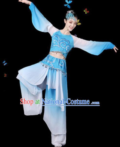 Traditional Chinese Classical Dance Blue Clothing Umbrella Dance Group Dance Stage Performance Costume for Women