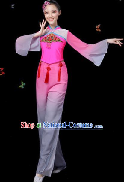 Traditional Chinese Yangko Group Dance Rosy Clothing Folk Dance Fan Dance Stage Performance Costume for Women