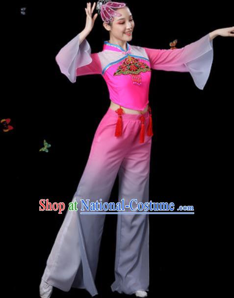 Traditional Chinese Yangko Group Dance Rosy Clothing Folk Dance Fan Dance Stage Performance Costume for Women