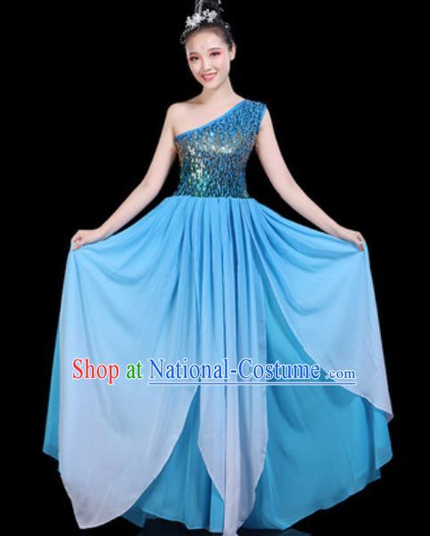 Traditional Chinese Spring Festival Gala Opening Dance Blue Paillette Dress Modern Dance Stage Performance Costume for Women