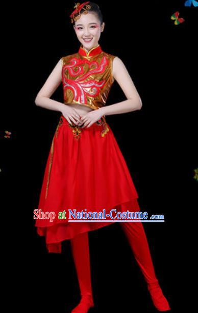 Traditional Chinese Yangko Group Dance Red Veil Dress Folk Dance Drum Dance Stage Performance Costume for Women