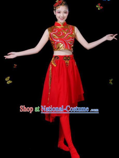 Traditional Chinese Yangko Group Dance Red Veil Dress Folk Dance Drum Dance Stage Performance Costume for Women