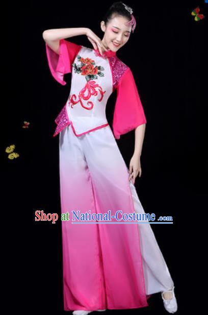 Traditional Chinese Group Dance Yangko Rosy Clothing Folk Dance Fan Dance Stage Performance Costume for Women