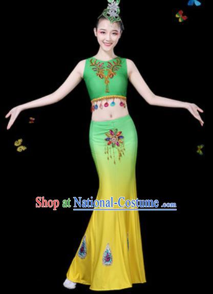 Traditional Chinese Minority Ethnic Peacock Dance Gradient Green Dress Dai Nationality Stage Performance Costume for Women