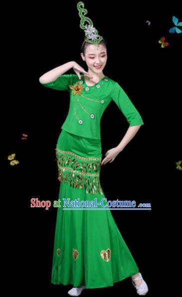 Traditional Chinese Minority Ethnic Peacock Dance Green Dress Dai Nationality Stage Performance Costume for Women