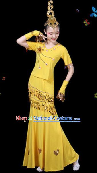 Traditional Chinese Minority Ethnic Peacock Dance Yellow Dress Dai Nationality Stage Performance Costume for Women