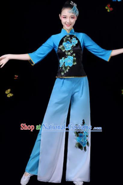 Traditional Chinese Group Dance Yangko Blue Clothing Folk Dance Fan Dance Stage Performance Costume for Women