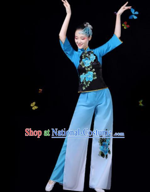 Traditional Chinese Group Dance Yangko Blue Clothing Folk Dance Fan Dance Stage Performance Costume for Women