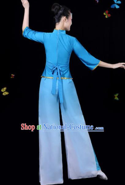 Traditional Chinese Group Dance Yangko Blue Clothing Folk Dance Fan Dance Stage Performance Costume for Women