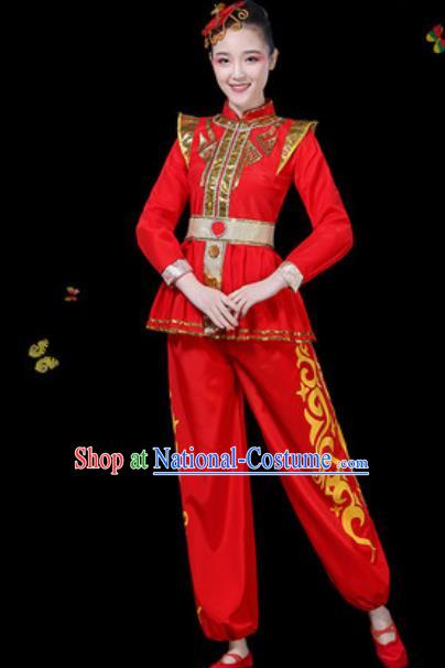 Traditional Chinese Group Dance Yangko Red Clothing Folk Dance Fan Dance Stage Performance Costume for Women