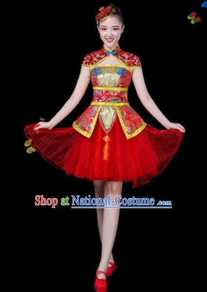 Traditional Chinese Yangko Red Dress Folk Dance Drum Dance Stage Performance Costume for Women