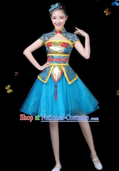 Traditional Chinese Yangko Blue Dress Folk Dance Drum Dance Stage Performance Costume for Women