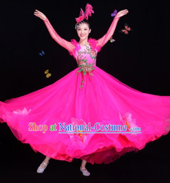 Traditional Chinese Modern Dance Rosy Dress Spring Festival Gala Opening Dance Stage Performance Costume for Women