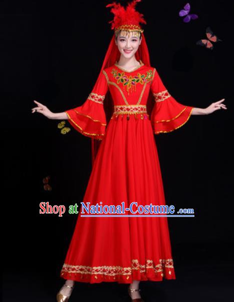 Traditional Chinese Minority Ethnic Red Dress Uyghur Nationality Dance Stage Performance Costume for Women