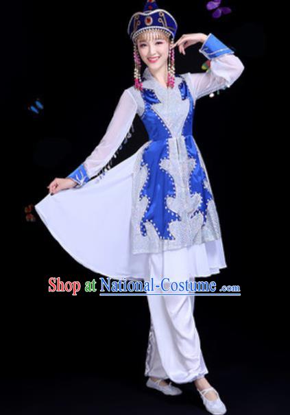 Traditional Chinese Minority Ethnic Blue Dress Mongol Nationality Dance Stage Performance Costume for Women