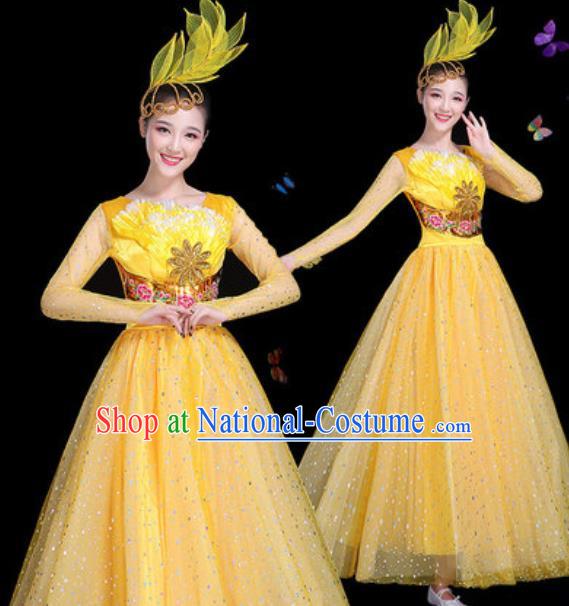 Traditional Chinese Modern Dance Yellow Veil Dress Spring Festival Gala Opening Dance Stage Performance Costume for Women