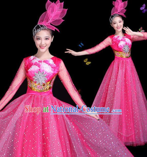 Traditional Chinese Modern Dance Rosy Veil Dress Spring Festival Gala Opening Dance Stage Performance Costume for Women