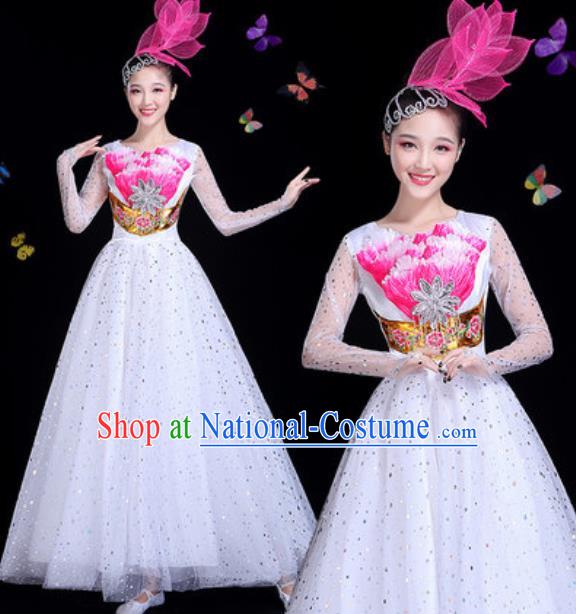 Traditional Chinese Modern Dance White Veil Dress Spring Festival Gala Opening Dance Stage Performance Costume for Women