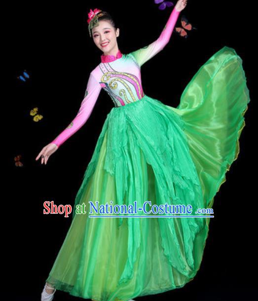 Chinese Traditional Classical Dance Green Dress Umbrella Dance Group Dance Stage Performance Costume for Women