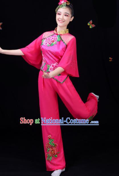 Traditional Chinese Yangko Embroidered Rosy Clothing Folk Dance Fan Dance Stage Performance Costume for Women