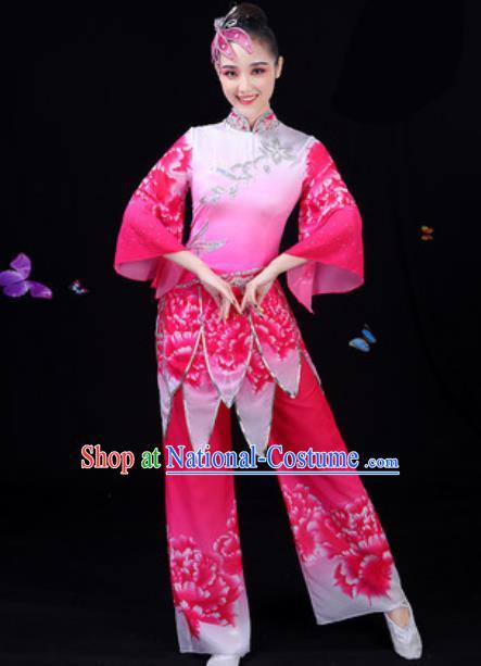 Traditional Chinese Yangko Lotus Dance Rosy Clothing Folk Dance Fan Dance Stage Performance Costume for Women