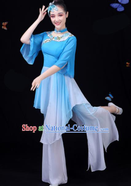 Chinese Traditional Classical Dance Blue Dress Umbrella Dance Group Dance Stage Performance Costume for Women