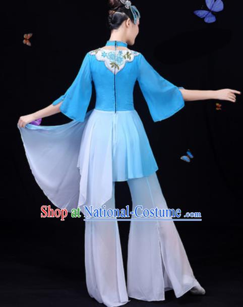 Chinese Traditional Classical Dance Blue Dress Umbrella Dance Group Dance Stage Performance Costume for Women