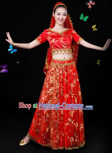 Traditional Chinese Minority Ethnic Red Dress Uyghur Nationality Folk Dance Stage Performance Costume for Women