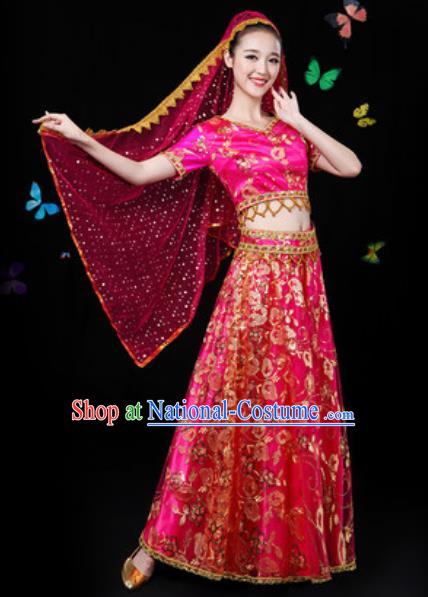 Traditional Chinese Minority Ethnic Rosy Dress Uyghur Nationality Folk Dance Stage Performance Costume for Women