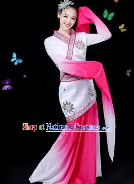 Chinese Traditional Classical Dance Rosy Water Sleeve Dress Umbrella Dance Group Dance Stage Performance Costume for Women