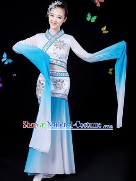 Chinese Traditional Classical Dance Blue Water Sleeve Dress Umbrella Dance Group Dance Stage Performance Costume for Women