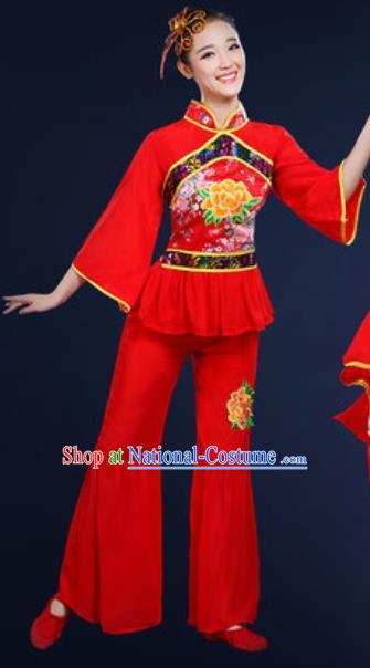 Traditional Chinese Fan Dance Embroidery Peony Red Clothing Folk Dance Yangko Stage Performance Costume for Women