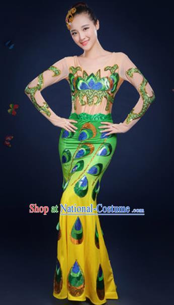 Traditional Chinese Minority Ethnic Green Dress Dai Nationality Dance Stage Performance Costume for Women